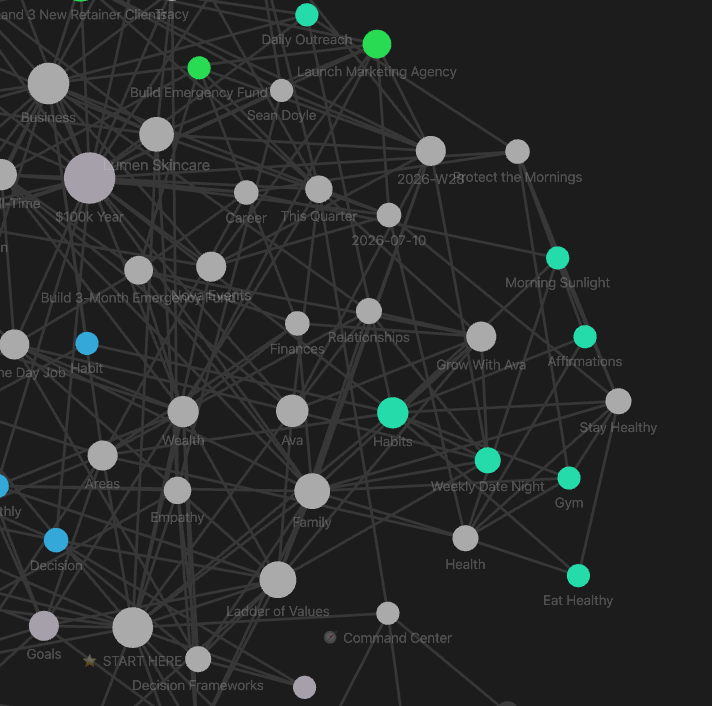 Clarify Your Brain graph view: goals, projects, people, opportunities, habits and decisions all linked into one web